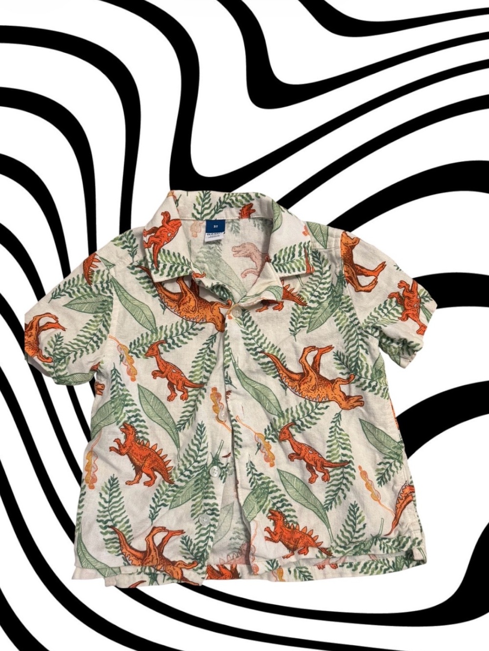 Kids Short-Sleeve Button-Up Shirt with Orange Dinosaur Print
